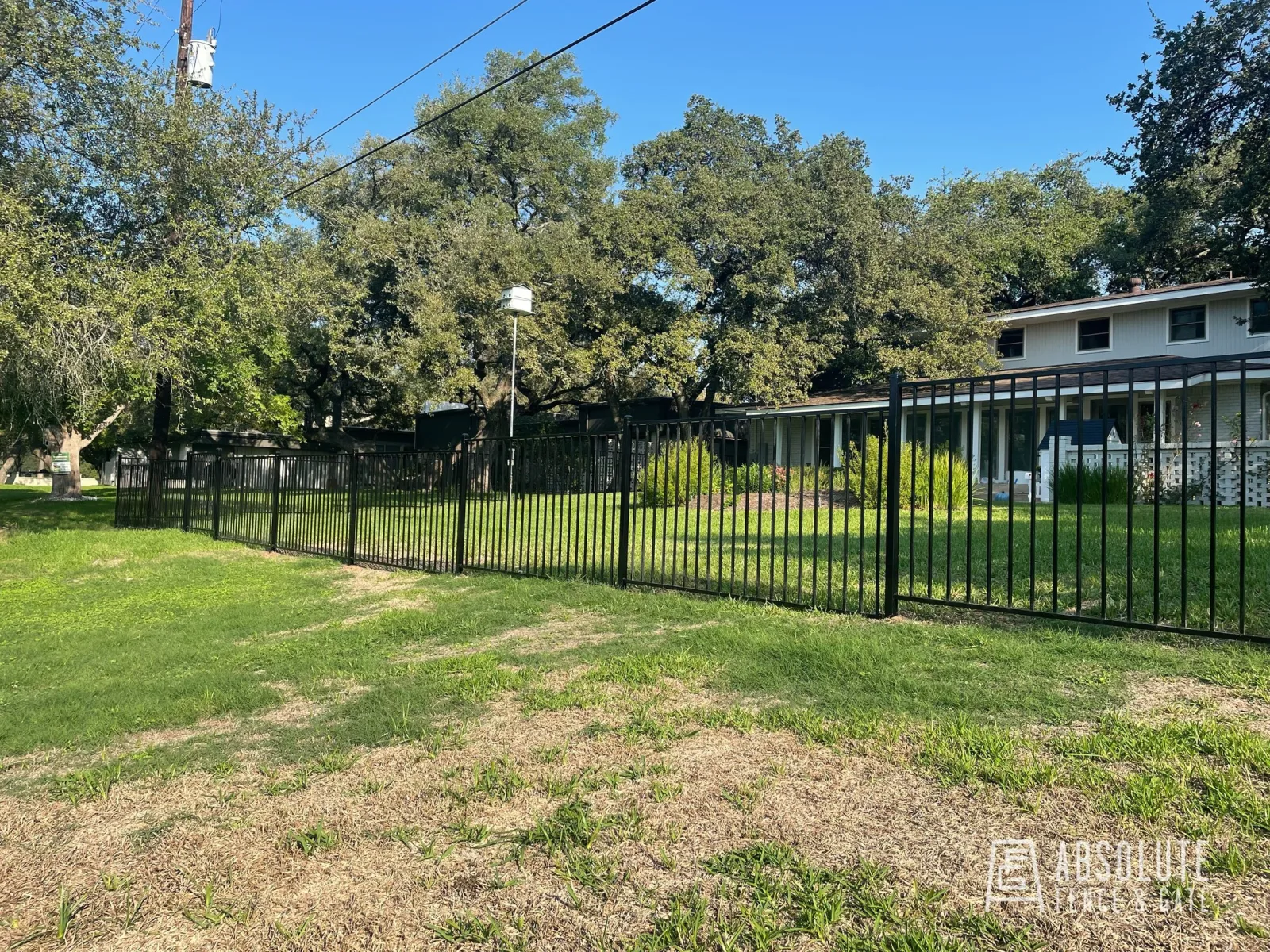 Black ornamental steel fence enclosing a front yard